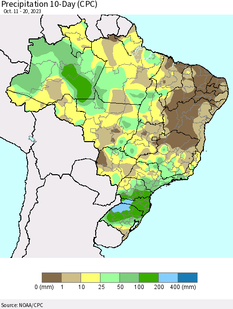 Brazil Precipitation 10-Day (CPC) Thematic Map For 10/11/2023 - 10/20/2023