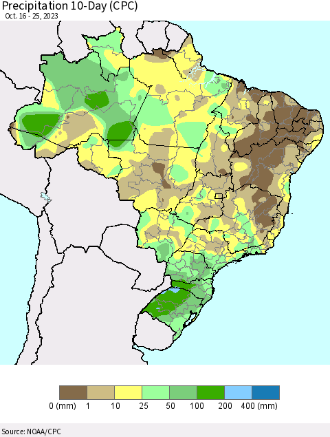 Brazil Precipitation 10-Day (CPC) Thematic Map For 10/16/2023 - 10/25/2023