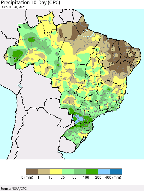 Brazil Precipitation 10-Day (CPC) Thematic Map For 10/21/2023 - 10/31/2023