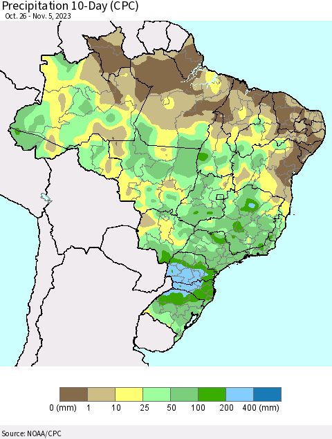 Brazil Precipitation 10-Day (CPC) Thematic Map For 10/26/2023 - 11/5/2023
