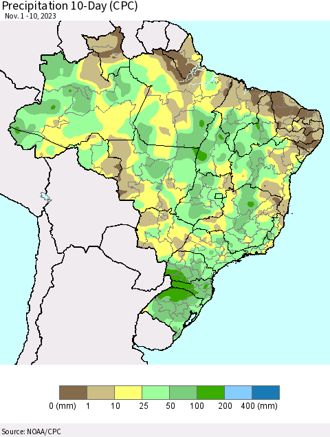 Brazil Precipitation 10-Day (CPC) Thematic Map For 11/1/2023 - 11/10/2023