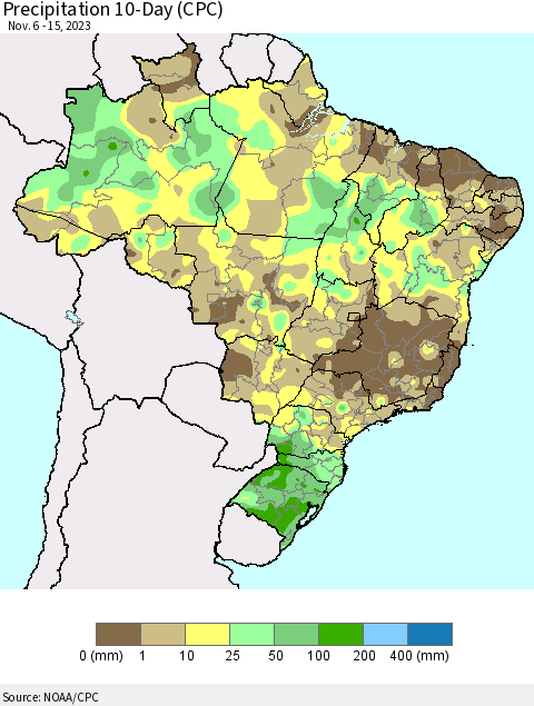 Brazil Precipitation 10-Day (CPC) Thematic Map For 11/6/2023 - 11/15/2023