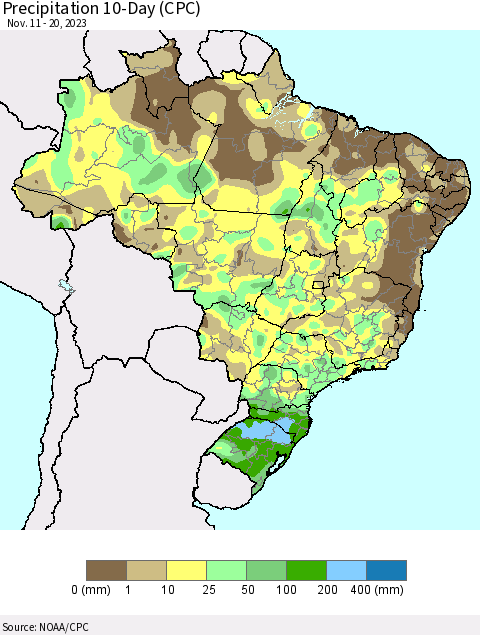 Brazil Precipitation 10-Day (CPC) Thematic Map For 11/11/2023 - 11/20/2023