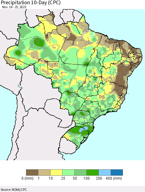 Brazil Precipitation 10-Day (CPC) Thematic Map For 11/16/2023 - 11/25/2023