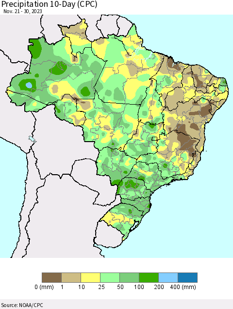 Brazil Precipitation 10-Day (CPC) Thematic Map For 11/21/2023 - 11/30/2023