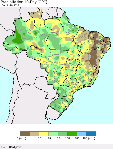 Brazil Precipitation 10-Day (CPC) Thematic Map For 12/1/2023 - 12/10/2023