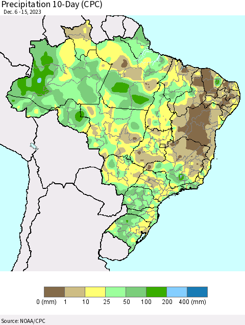 Brazil Precipitation 10-Day (CPC) Thematic Map For 12/6/2023 - 12/15/2023