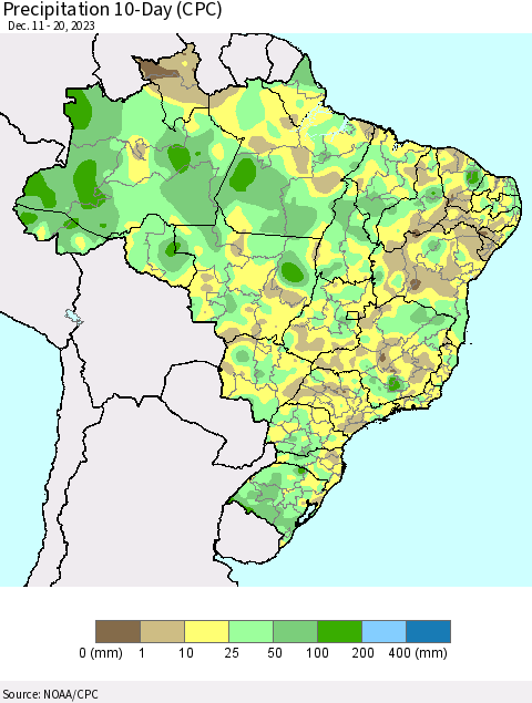 Brazil Precipitation 10-Day (CPC) Thematic Map For 12/11/2023 - 12/20/2023