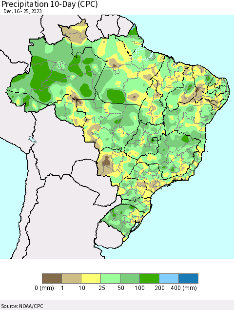 Brazil Precipitation 10-Day (CPC) Thematic Map For 12/16/2023 - 12/25/2023