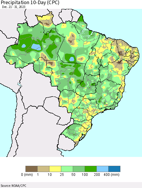 Brazil Precipitation 10-Day (CPC) Thematic Map For 12/21/2023 - 12/31/2023