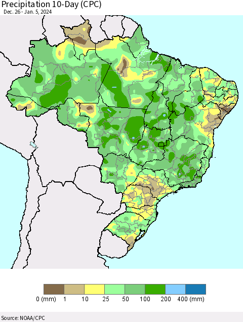 Brazil Precipitation 10-Day (CPC) Thematic Map For 12/26/2023 - 1/5/2024