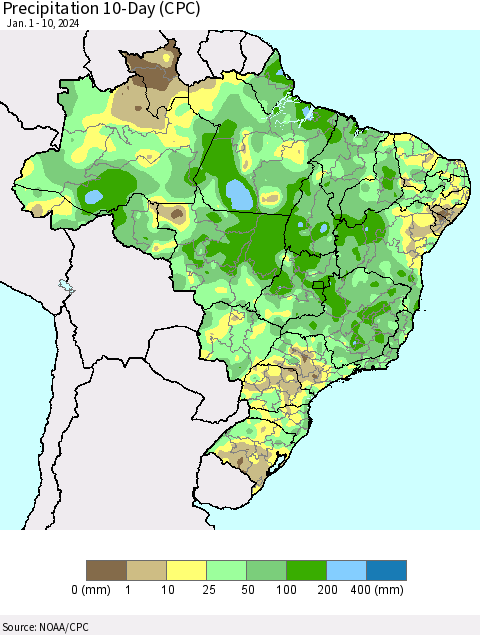 Brazil Precipitation 10-Day (CPC) Thematic Map For 1/1/2024 - 1/10/2024