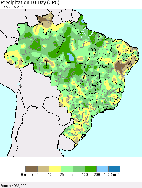 Brazil Precipitation 10-Day (CPC) Thematic Map For 1/6/2024 - 1/15/2024