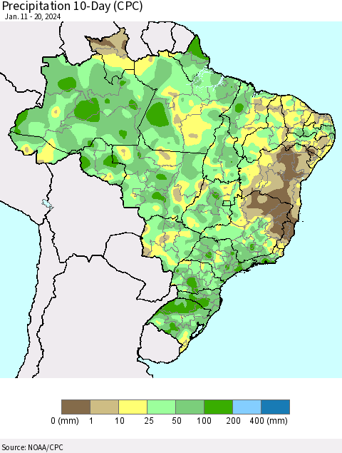 Brazil Precipitation 10-Day (CPC) Thematic Map For 1/11/2024 - 1/20/2024