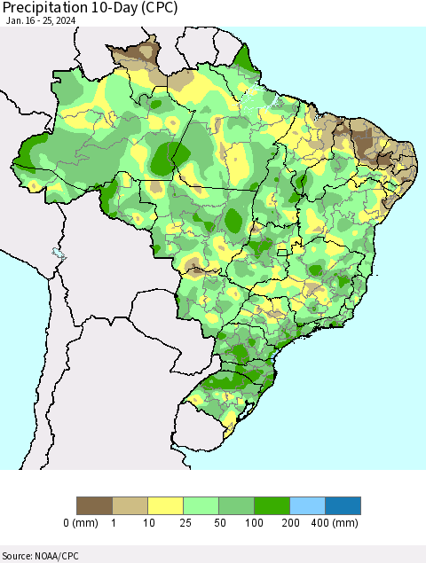 Brazil Precipitation 10-Day (CPC) Thematic Map For 1/16/2024 - 1/25/2024
