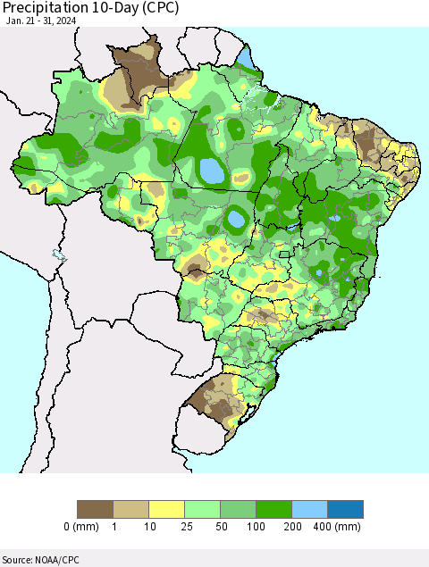 Brazil Precipitation 10-Day (CPC) Thematic Map For 1/21/2024 - 1/31/2024