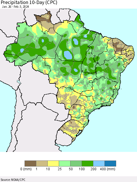 Brazil Precipitation 10-Day (CPC) Thematic Map For 1/26/2024 - 2/5/2024