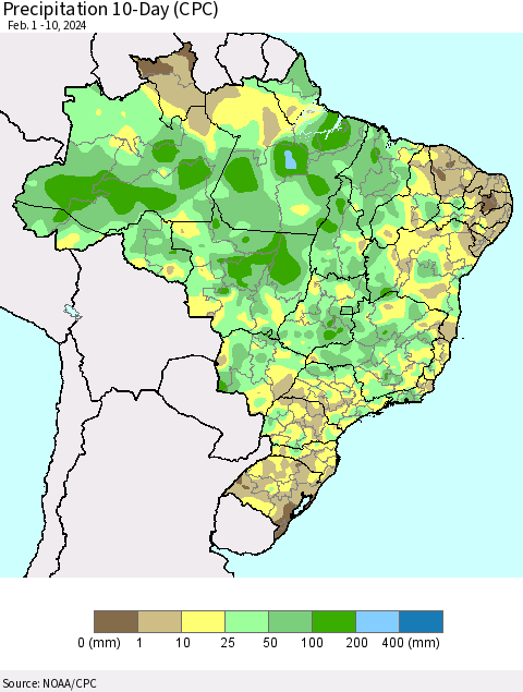 Brazil Precipitation 10-Day (CPC) Thematic Map For 2/1/2024 - 2/10/2024