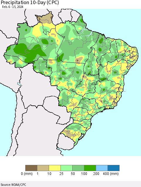 Brazil Precipitation 10-Day (CPC) Thematic Map For 2/6/2024 - 2/15/2024