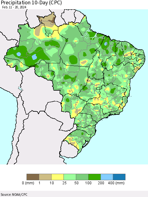 Brazil Precipitation 10-Day (CPC) Thematic Map For 2/11/2024 - 2/20/2024