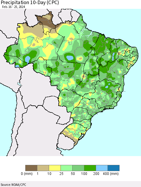 Brazil Precipitation 10-Day (CPC) Thematic Map For 2/16/2024 - 2/25/2024