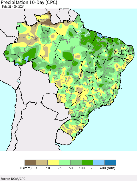 Brazil Precipitation 10-Day (CPC) Thematic Map For 2/21/2024 - 2/29/2024