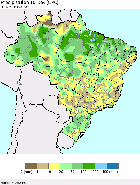 Brazil Precipitation 10-Day (CPC) Thematic Map For 2/26/2024 - 3/5/2024