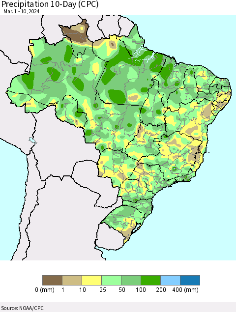Brazil Precipitation 10-Day (CPC) Thematic Map For 3/1/2024 - 3/10/2024