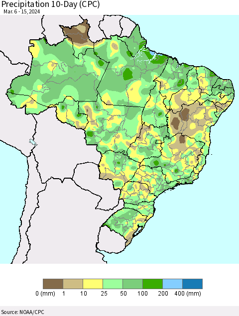 Brazil Precipitation 10-Day (CPC) Thematic Map For 3/6/2024 - 3/15/2024