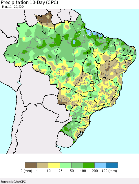 Brazil Precipitation 10-Day (CPC) Thematic Map For 3/11/2024 - 3/20/2024