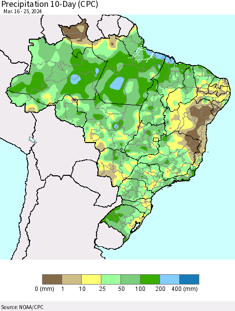 Brazil Precipitation 10-Day (CPC) Thematic Map For 3/16/2024 - 3/25/2024