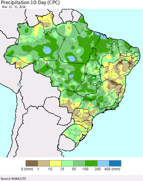 Brazil Precipitation 10-Day (CPC) Thematic Map For 3/21/2024 - 3/31/2024
