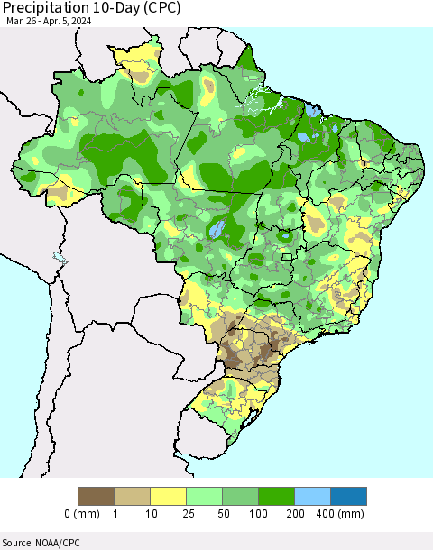 Brazil Precipitation 10-Day (CPC) Thematic Map For 3/26/2024 - 4/5/2024