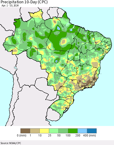 Brazil Precipitation 10-Day (CPC) Thematic Map For 4/1/2024 - 4/10/2024