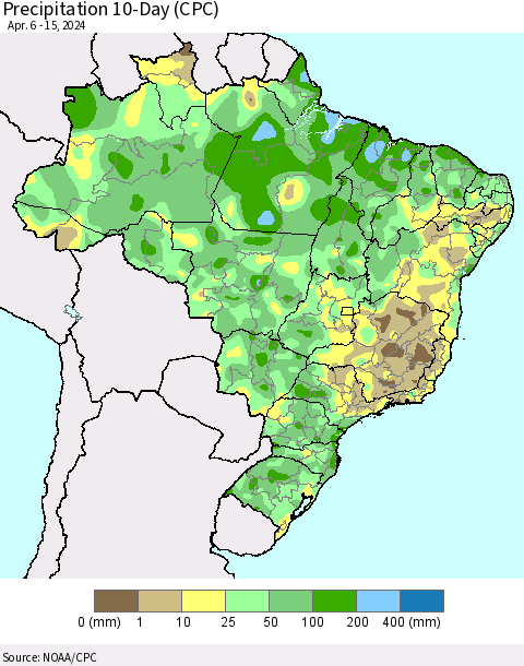 Brazil Precipitation 10-Day (CPC) Thematic Map For 4/6/2024 - 4/15/2024
