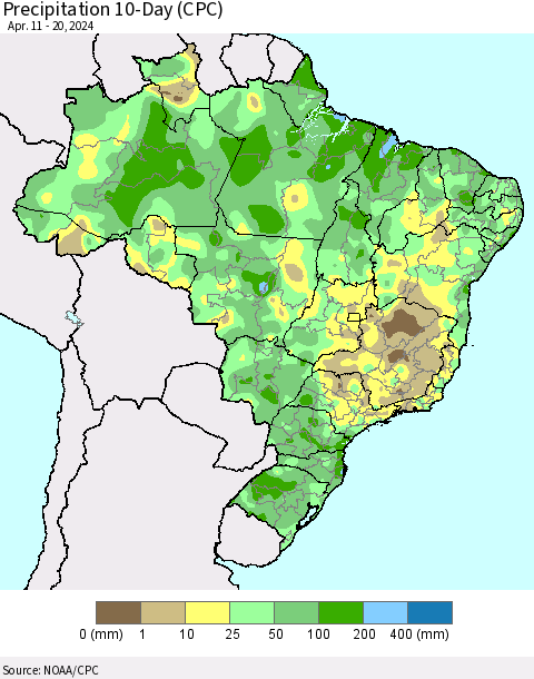 Brazil Precipitation 10-Day (CPC) Thematic Map For 4/11/2024 - 4/20/2024