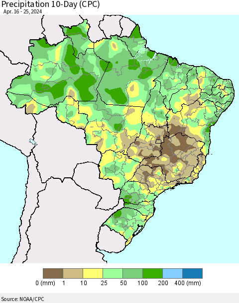 Brazil Precipitation 10-Day (CPC) Thematic Map For 4/16/2024 - 4/25/2024