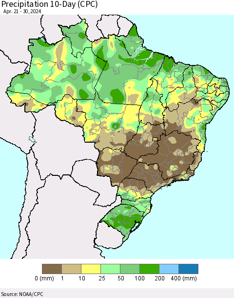 Brazil Precipitation 10-Day (CPC) Thematic Map For 4/21/2024 - 4/30/2024