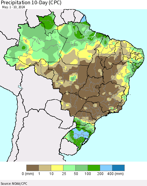 Brazil Precipitation 10-Day (CPC) Thematic Map For 5/1/2024 - 5/10/2024