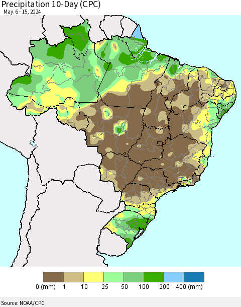 Brazil Precipitation 10-Day (CPC) Thematic Map For 5/6/2024 - 5/15/2024