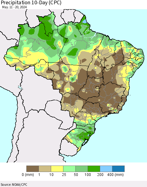 Brazil Precipitation 10-Day (CPC) Thematic Map For 5/11/2024 - 5/20/2024