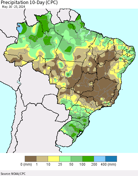 Brazil Precipitation 10-Day (CPC) Thematic Map For 5/16/2024 - 5/25/2024