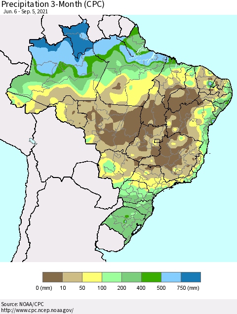 Brazil Precipitation 3-Month (CPC) Thematic Map For 6/6/2021 - 9/5/2021
