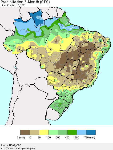 Brazil Precipitation 3-Month (CPC) Thematic Map For 6/11/2021 - 9/10/2021