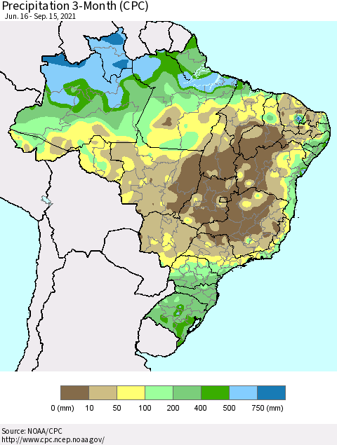 Brazil Precipitation 3-Month (CPC) Thematic Map For 6/16/2021 - 9/15/2021
