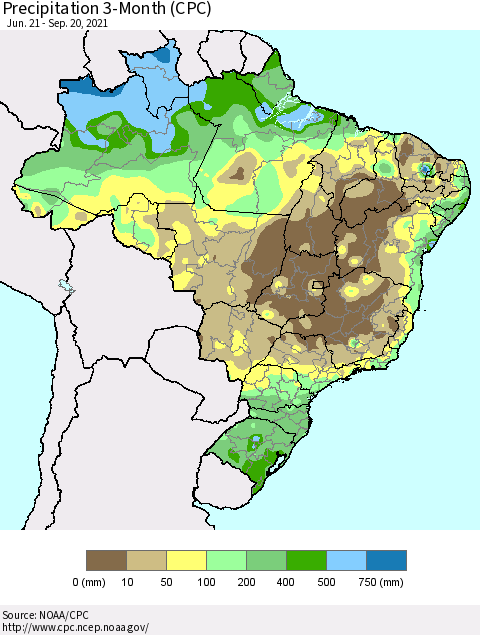 Brazil Precipitation 3-Month (CPC) Thematic Map For 6/21/2021 - 9/20/2021