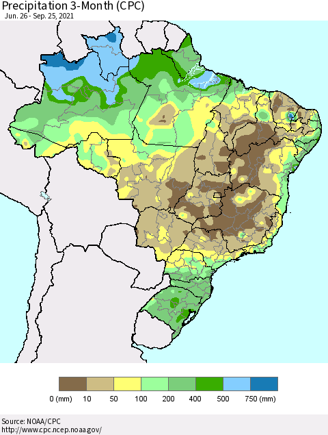 Brazil Precipitation 3-Month (CPC) Thematic Map For 6/26/2021 - 9/25/2021