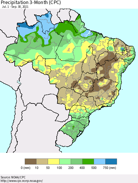 Brazil Precipitation 3-Month (CPC) Thematic Map For 7/1/2021 - 9/30/2021