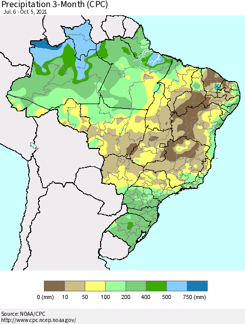 Brazil Precipitation 3-Month (CPC) Thematic Map For 7/6/2021 - 10/5/2021