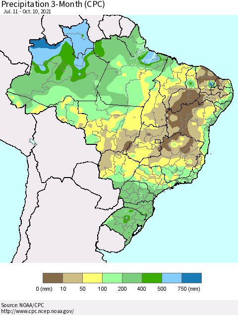 Brazil Precipitation 3-Month (CPC) Thematic Map For 7/11/2021 - 10/10/2021